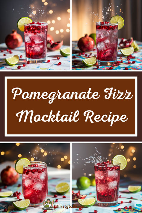 "Discover the perfect blend of flavor and festivity with this Pomegranate  Fizz Mocktail recipe! This non-alcoholic drink is a refreshing choice for  any occasion. Bursting with the vibrant taste of pomegranate, this  sparkling pomegranate mocktail is easy to make and ideal for celebrations.  Enjoy a crisp Pomegranate Fizz drink that everyone will love, from kids to  adults. Try our festive Pomegranate Fizz and elevate your gatherings with  this delightful Pomegranate Sparkler Mocktail!" Pomegranate Juice Mocktail Recipe, Pomegranate Recipes Thanksgiving, Pomegranate Thanksgiving Drink, Pomegranate Ginger Mocktail, Pomegranate Syrup Uses, Pomegranate Punch Non Alcoholic, Non Alcoholic Drinks For Thanksgiving, Mocktails For Kids Recipes, Pomegranate Mocktail Recipes