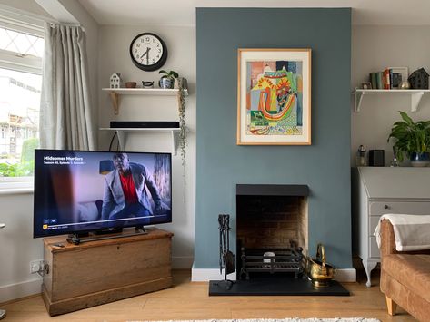 Our lovely front room using Farrow and Ball De Nimes on the chimney breast and Ammonite on the walls Chimney Breast Colour Ideas, Living Room Chimney Wall Ideas, Painted Chimney Breast, Skylight Farrow And Ball, De Nimes Farrow Ball, Chimney Wall Ideas, Feature Chimney Breast, Living Room Knock Through, Chimney Breast Ideas