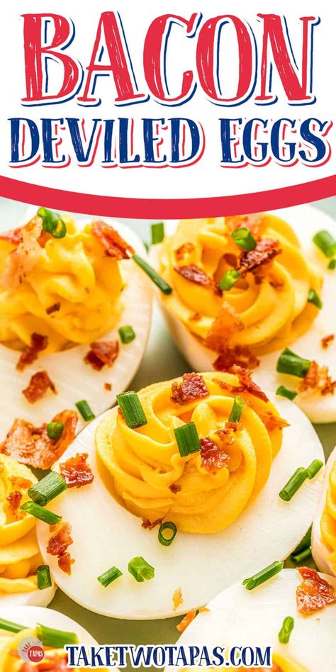 Deviled Eggs with Bacon (5 Ingredients) Take Two Tapas Deviled Egg With Bacon, Devilled Eggs With Bacon, Bacon Ranch Deviled Eggs, Recipe For Deviled Eggs, Fully Loaded Fried Deviled Eggs, Basic Deviled Eggs Recipe, Deviled Eggs With Bacon, Eggs With Bacon, Bacon Deviled Eggs