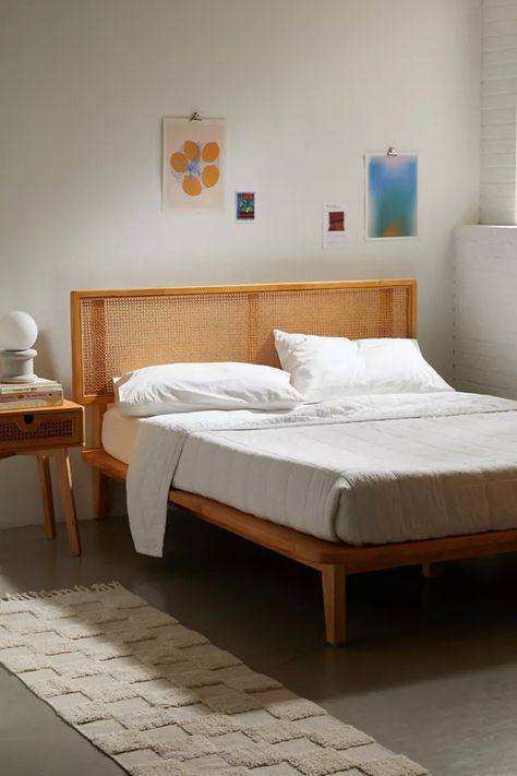 Marte Platform Bed | Urban Outfitters Mid Century Bed Frame, Mid Century Bed, Unique Headboards, Rattan Bed, Wicker Headboard, Wood Platform Bed Frame, Bed Platform, Solid Wood Platform Bed, King Bed Frame