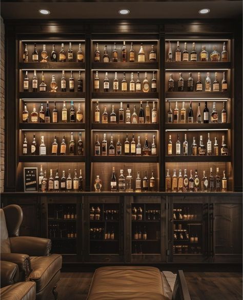 Basement Whisky Bar, At Home Speakeasy Bar, Alcohol Shelf Ideas, Home Whiskey Lounge, Home Whisky Bar, Whisky Bar Home, Bourbon Room Ideas, Whiskey Shelves, Small Wine Room