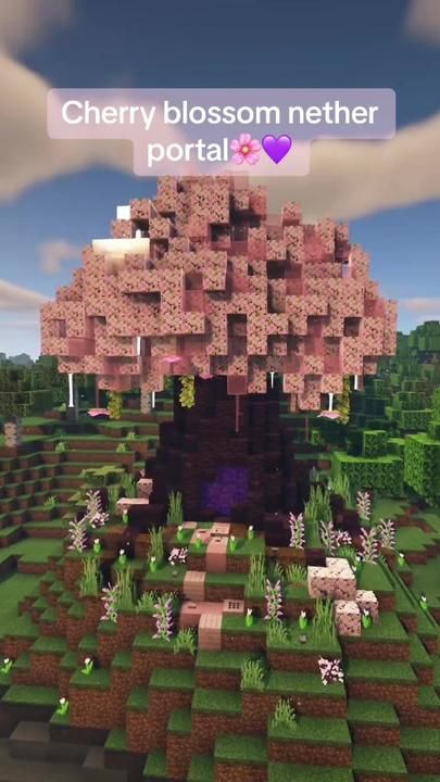 Minecraft Cherry Blossom Japanese Builds, Minecraft Nether Portal Design Cherry Blossom, Minecraft Cherry Blossom Coordinates, Japanese Theme Minecraft, Minecraft Portal Design Cherry Blossom, Cherry Base Minecraft, Enchanted Garden Minecraft, Big Cherry Blossom Tree Minecraft, Cherry Blossom Stable Minecraft