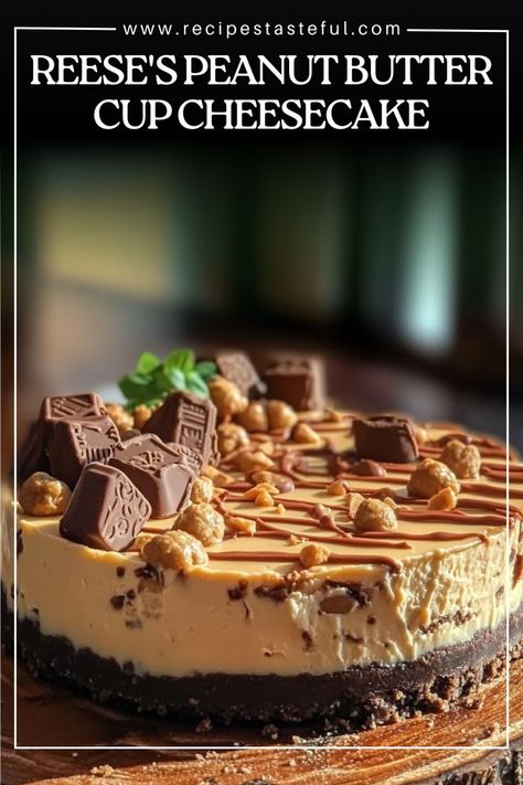 This Reese's Peanut Butter Cup Cheesecake is a creamy, decadent dessert that combines the rich flavors of chocolate and peanut butter. With a smooth cream cheese base, a crunchy chocolate cookie crust, and chunks of Reese’s Peanut Butter Cups, this cheesecake is perfect for peanut butter and chocolate lovers. Topped with a luscious chocolate ganache, peanut butter chips, and caramel drizzle, it’s a showstopper dessert that’s sure to impress your guests. Reese’s Peanut Butter Cup Cheesecake Recipes, Reese Cheesecake, Reeses Desserts, Reese's Peanut Butter Cheesecake, Reeses Cheesecake, Cup Cheesecake, Sour Cream Cheesecake, Showstopper Dessert, Chocolate Cookie Crust