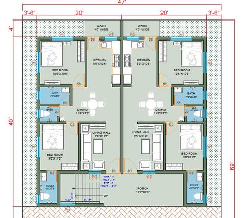 2 Portion House Plan, 40x40 House Plans Layout, 40x40 House Plans, Small Apartment Building Plans, Small House Design Floor Plan, Flat House Design, 20x40 House Plans, 30x40 House Plans, Building Design Plan