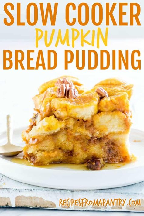 This incredibly easy Crock Pot Bread Pudding recipe has been upgraded to a Pumpkin Bread Pudding with lots and lots of pecans. Easy to make and perfect for breakfast, dessert and to use up your leftover pumpkin puree. #breadpudding #slowcookerbreadpudding #crockpotbreadpudding #pumpkinbreadpudding #crockpotdessert #slowcookerdessert #slowcookerrecipe #crockpotrecipe #recipe Quick Caramel Sauce, Bread Pudding Recipe Crockpot, Crock Pot Bread Pudding, Slow Cooker Bread Pudding, Leftover Pumpkin Puree, Crock Pot Bread, Slow Cooker Bread, Pumpkin Bread Pudding, Slow Cooker Breakfast