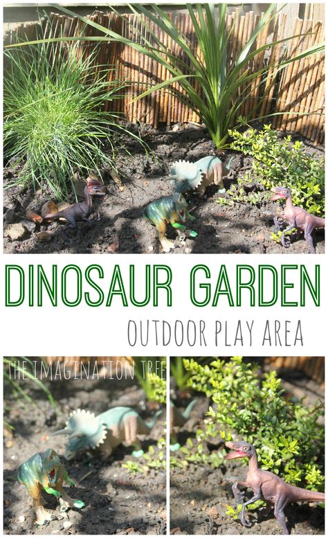 Create a dinosaur garden small world play area for kids to enjoy outside! Fantastic for feeding the imagination and creating lots of storytelling prompts. Dino Garden, Dinosaur Garden, Imagination Tree, Outdoor Play Spaces, Play Area Backyard, Backyard Kids Play Area, Play Garden, Outdoor Play Areas, Outside Play