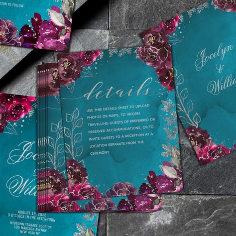 Blue Jewel Tone Wedding, Magenta Wedding Theme, Jewel Tone Wedding Invitations, Dark Teal Weddings, 40th Anniversary Ideas, Cranberry Wedding, Wedding Invitation Details, Raspberry Wedding, Magenta Wedding