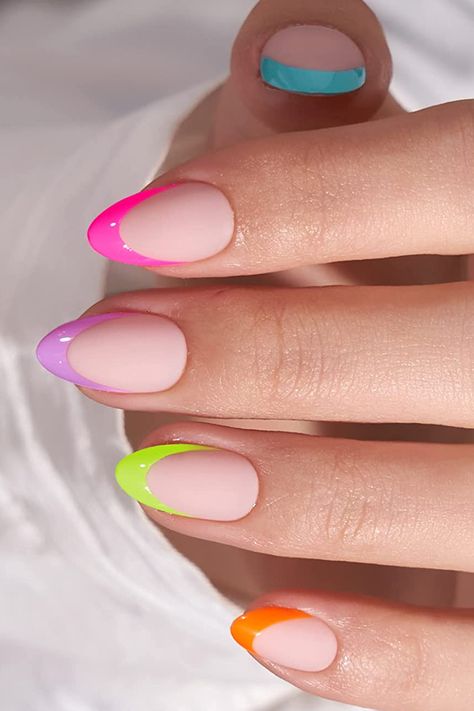 nails design Colored French Nails, Rainbow French, Do It Yourself Nails, Barbie Pink Nails, Neon Nail Designs, Multicolored Nails, French Tip Nail Designs, Colorful Nails, Summery Nails