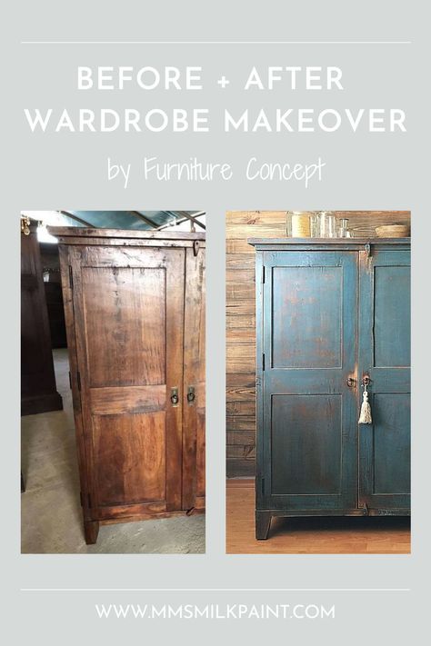 Refinished Wardrobe, Painted Wardrobe Ideas, Antique Wardrobe Makeover, Painted Wardrobes, Blue Wardrobe, Refinish Wood Furniture, Custom Wardrobe, Furniture Concept, Blue Paint Color