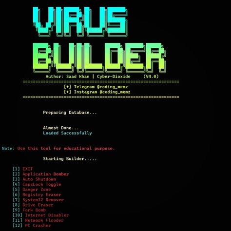 Virus-Builder This tool will generate a virus that can only destroy Windows computer. You can also configure to auto run in usb drive More scripts will be added with time. Termux Hacking Tools, Hack Aesthetic, Hacker Art, Best Hacking Tools, Learn Hacking, Computer Science Programming, Cell Phone Hacks, Hacking Tools, Hacking Books