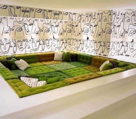 Living Room Pit, Conversation Pit, 70s Interior, Retro Interior Design, Sunken Living Room, Green Couch, Kampot, Relax And Unwind, Retro Interior