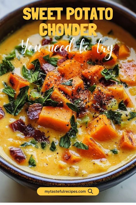 Warm up with a bowl of creamy sweet potato chowder! This hearty, comforting soup is perfect for chilly nights, filled with sweet potatoes, spices, and a rich, velvety broth. Sweet Potato Chowder Recipe, Sweet Potato Chowder, Nutritious Salads, Meal Prepping For The Week, Tasty Sandwiches, Potato Chowder, Indulgent Food, Comforting Soup, Easy Lunch Ideas