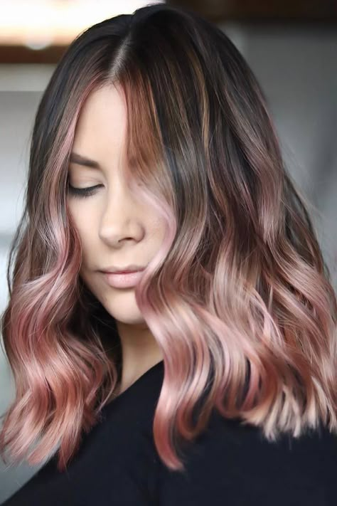 Blush Bayalage Hair, Brown With Rose Gold Balayage, Apricot Balayage Brunette, Money Piece Hair Rose Gold, Rose Gold For Brunettes, Rose Brown Ombre Hair, Dusty Rose Highlights Brunette, Rose Gold Ends Hair, Pale Pink Balayage