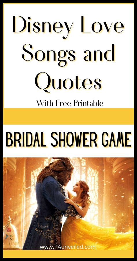 A pin for Disney Love Quotes, a fun bridal shower game. This pin has a photo from beauty and the Beast. Disney Love Song Game, Disney Themed Wedding Shower Games, Bridal Shower Games Disney, Disney Bridal Jeopardy, Disney Love Songs Bridal Shower Game, Disney Shower Games, Love Songs Bridal Shower Game, Disney Bridal Shower Games, Disney Bridal Shower Ideas