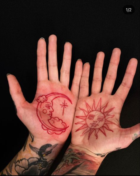 Red ink, palm tattoo, sun, moon Sun And Moon Palm Tattoo, Red Ink Moon Tattoo, Palm Tattoos Hand, Sun Hand Tattoo, Palm Hand Tattoo, Red Skull Tattoo, Energy Sketch, Red Moon Tattoo, Red Sun Tattoo