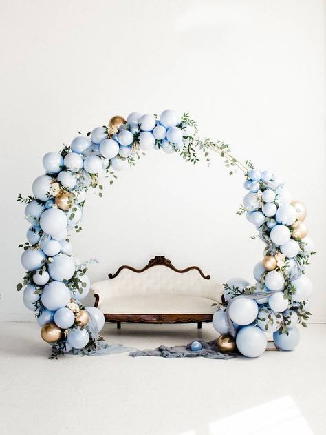 Soft and Sophisticated Dusty Blue Wedding Inspiration from Winnipeg, Manitoba | Photography by Papan Tulis Kapur, Deco Champetre, Wedding Balloon Decorations, Blue Wedding Inspiration, Wedding Arbour, Balloons Party, Dusty Blue Weddings, Balloon Backdrop, Ceremony Arch