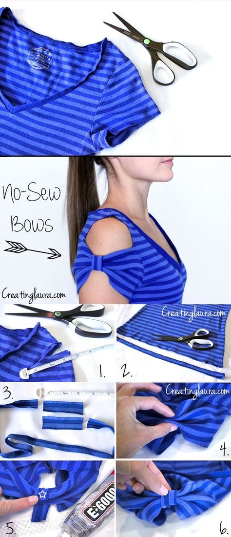 Create bow sleeves on a t-shirt without sewing. So easy! http://alldaychic.com/how-to-make-t-shirt-bow-sleeves-without-sewing-diy/ Diy Clothing Embellishments, Gamle T Shirts, Diy Clothes Tops, No Sew Bow, Pola Blus, Blouse Tutorial, Shirt Makeover, Diy Sy, Sewing Blouses