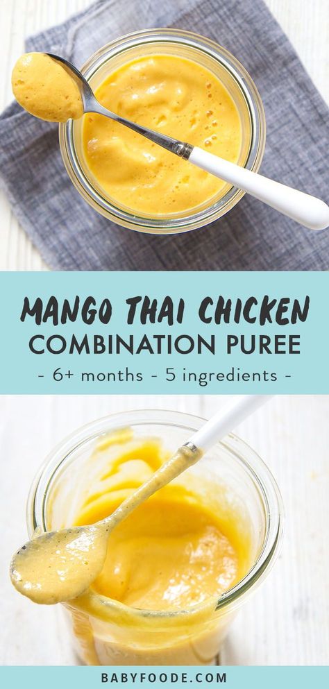 This thai chicken and mango baby food puree is a flavor explosion for baby! It has enough spice to keep them wanting more, but not too much. And just look at that color! Your baby will love this easy, homemade chicken baby food puree for lunch or dinner. #stagetwo #babyfoodpuree Mango Baby Food, Chicken Baby Food, Baby Food Puree, Baby Food Combinations, Diy Baby Food, Tasty Thai, Healthy Baby Food, Baby Puree Recipes, Baby Puree