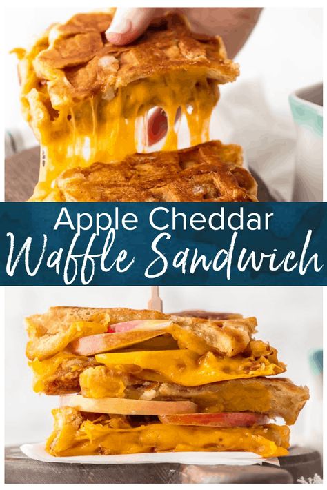 Waffle Sandwich? Yes! This fun and easy Apple Cheddar Waffle Grilled Cheese recipe is so delicious and only has 5 ingredients! The simple flavors of the maple dijon sauce blend perfectly with the creamy cheddar, crisp apples, and sweet waffles. #thecookierookie #waffles #grilledcheese #sandwiches Waffle Grilled Cheese, Dinner Waffles, Fall Sandwiches, Sweet Waffles, Waffle Sandwich Breakfast, Grilled Cheese Waffles, Apple Cheddar, Dijon Sauce, Grilled Cheese Recipe