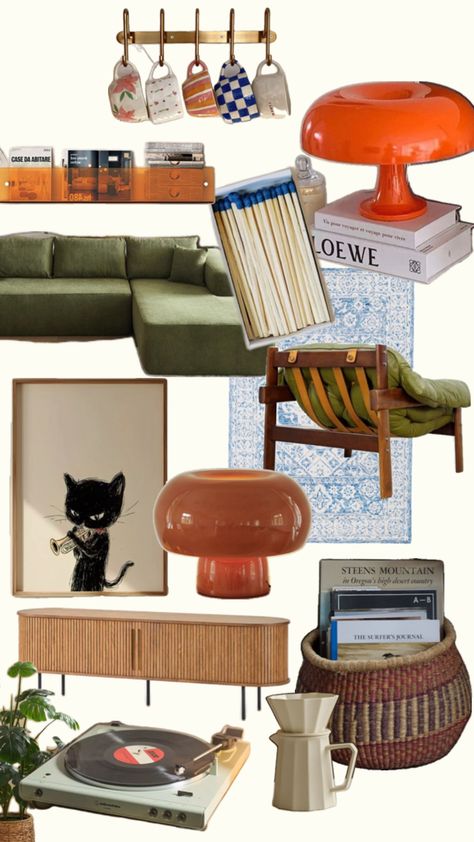 This collage blends mid-century modern style with a hipster twist, featuring a framed poster of a black cat playing the trumpet for a quirky, musical vibe. A vintage record player adds to the retro charm, while cute handcrafted artisan mugs bring a personal touch. The green furniture with wooden accents sets a cozy, natural tone, complemented by pops of orange and blue for just the right amount of color. A perfect balance of bohemian warmth and minimalist elegance, this aesthetic creates a space that's both relaxed and stylish, ideal for lovers of modern shabby chic with a hint of playfulness. Black Cat Playing, First Apartment Essentials, Eclectic Homes, Earthy Living Room, Modern Shabby Chic, Vintage Record Player, Retro Minimalist, Green Furniture, Green Retro