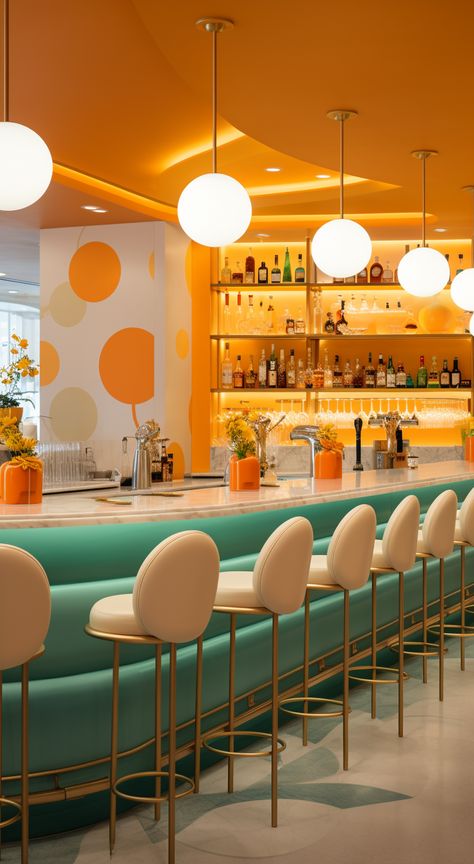 Groovy Restaurant, Retro Restaurant Design, Postmodern Interior Design, Colorful Restaurant, Restaurant Layout, Scandinavian Room, Modern Restaurant Design, Spa Interior Design, Asian Interior