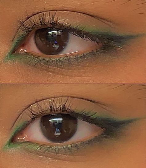 Green Underline Makeup, Makeup Ideas Natural Green Eyes, Fun Makeup Ideas Green, Green Ball Makeup, Green Leaf Makeup, Fairy Core Makeup Aesthetic, Green Eyeliner Makeup Brown Eyes, Light Green Dress Makeup Ideas, Green Costume Makeup