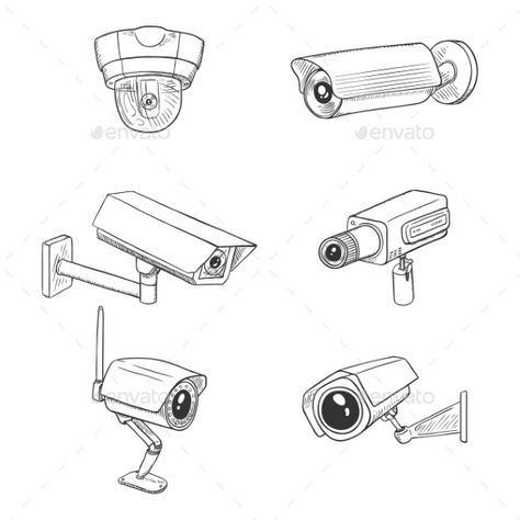 Set of CCTV Illustrations by nikiteev | GraphicRiver Cc Camera, Camera Tattoos, Body Inflammation, Camera Illustration, Camera Drawing, Surveillance Equipment, Camera Tattoo, Camera Art, Tattoo Flash Sheet