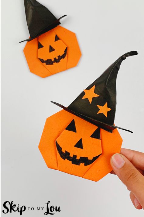 How to Make Origami Pumpkin with Witch Hat Kids Crafts Easy, Pumpkin With Witch Hat, Halloween Costume Awards, Origami Pumpkin, Halloween Bottle Labels, Halloween Origami, Skip To My Lou, Halloween Bottles, Holiday Crafts Diy