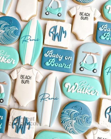 Baby on Board 🌊🏄 onesie inspired by @emily_retamozo oval @maisonscustomcutters Square, rectangle @heysugarrex arch @kaleidacuts #babyonboardcookies #babyshowercookies #surfingcookies #beachcookies Baby On Board Cupcakes, Baby On Board Cookies, Baby On Board Baby Shower Ideas, Surf Baby, Beach Cookies, Tropical Baby Shower, Baby On Board, Shower Themes, Instagram Baby