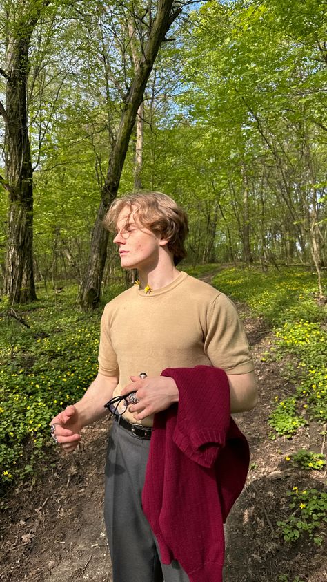 Spring, men, forest Artist Boy Aesthetic, Nature Boy Aesthetic, Cottagecore Male, Aesthetic Outfits For Men, Cottagecore Men, Dark Street Style, Academia Boyfriend, Soft Boy Aesthetic Outfits, Red Head Boy