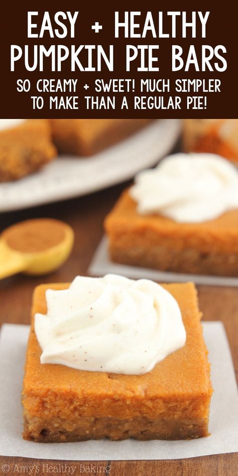 Healthy Pumpkin Pie Bars + Healthy Whipped Cream – easy to make & even better than regular pie! The whipped cream is AMAZING too! No one can tell it's lightened up!! ♡ best easy healthy pumpkin pie bars recipe. creamy gluten free pumpkin pie bars for thanksgiving. clean eating low calorie pumpkin dessert recipe. how to make healthy homemade whipped cream. Gluten Free Pumpkin Pie Bars, Healthy Whipped Cream, Healthy Pumpkin Pie Bars, Yogurt Whipped Cream, Greek Yogurt Whipped Cream, Low Calorie Pumpkin, Healthy Pumpkin Pie, Healthy Pumpkin Dessert, Pumpkin Pie Bars Recipe