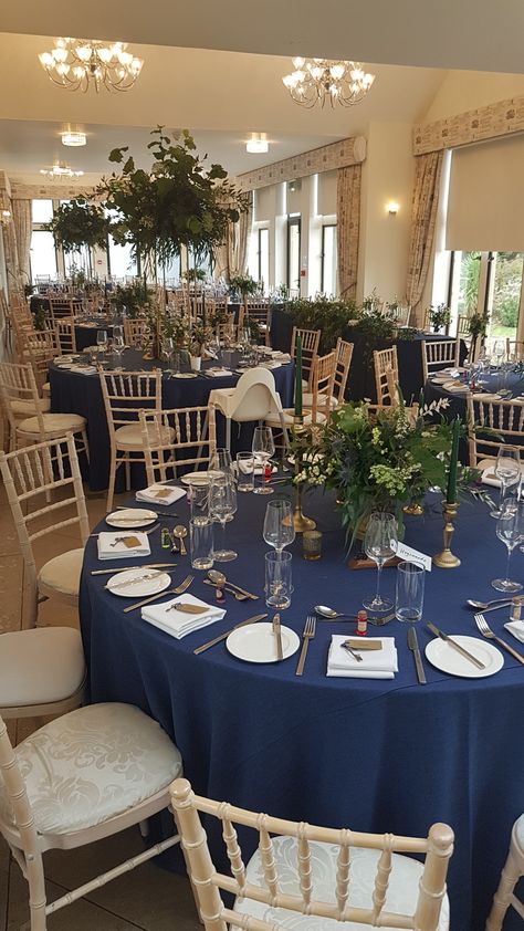 Navy Tablecloth Wedding, Navy Tablecloth, Coombe Lodge, Navy Table, Strawberry Festival, Blue Tablecloth, Wedding Tablecloths, Venue Decorations, Wedding Venue Decorations