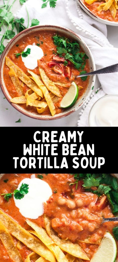 This deliciously creamy tortilla soup with white beans is quick and easy to make, super nutritious, with so much potential for tasty fun toppings. It has an luxuriously thick texture from the tortillas and cream in the broth, and velvety soft white beans. This vegetarian soup is big on Mexican style flavor but can be as mild or spicy as you prefer. Vegetarian Tortilla Soup, Canning Diced Tomatoes, Canned Beans, Best Vegetarian Recipes, Tortilla Soup, Vegetarian Soup, Meatless Monday, Cook At Home, Easy Vegetarian