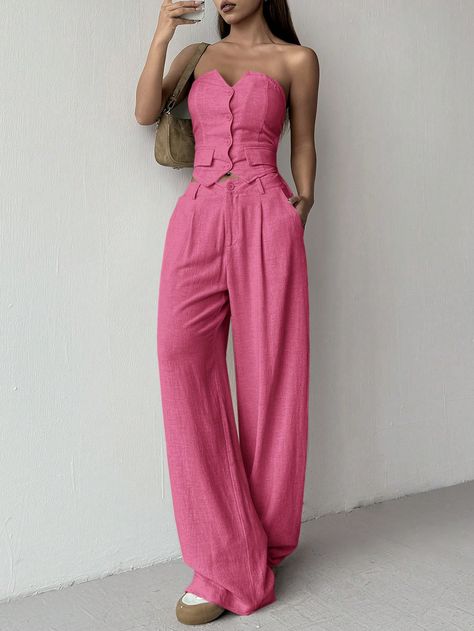 Hot Pink Casual Collar   Plain  Embellished Non-Stretch  Women Clothing Hot Pink Outfit, Brunch Outfit, Pink Outfits, Pink Outfit, Wear Pink, Long Pants, Maternity Bag, Suits For Women, Women Clothing