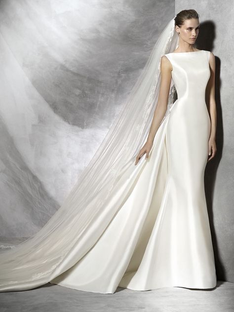 Pronovias | TRISA | Bateau Neckline Mermaid Wedding Dress - Designer Bridal Room, Malaysia Detachable Train Wedding Dress, Satin Wedding Gown, Cathedral Train, Silk Wedding Dress, White Wedding Dress, Wedding Gowns Mermaid, Wedding Dress Train, Wedding Dresses Satin, Black Wedding Dresses