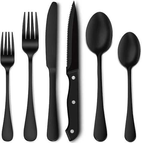 USE AND CARE: Hand washing is recommended first, dry them before storing. DO NOT use steel wire brush, hard sponge or clean cloth and other hard materials cleaning tools to avoid damage the silverware.
PREMIUM 24-PIECE SILVERWARE SET: Including 4 dinner forks, 4 salad forks, 4 dinner knives, 4 dinner spoons, 4 teaspoons and additional 4 steak knives. Get more silverware sets ready for family and guests. Black Silverware, Black Flatware, Eating Utensils, Kitchen Cutlery, Stainless Steel Cutlery, Stainless Steel Flatware, Steak Knives, Tableware Set, Utensil Set