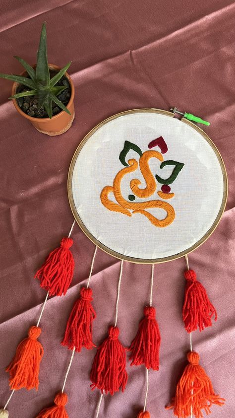 God Ganesha wall art hanging done with embroidery threads with addition of tassels. Ganesha Embroidery Design, Ganesha Wall Art, Illustration Poses, Embroidery Wall, Embroidery Wall Art, Bead Embroidery Tutorial, Embroidery Threads, Hand Embroidery Tutorial, Handmade Embroidery Designs