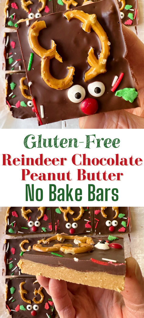 Our most popular Chocolate Peanut Butter No Bake Bars made fun and are festive for the holidays! Naturally gluten-free, vegan and paleo optional, they have a layer of peanut butter (sub your favorite nut/seed butter), a layer of chocolate and are topped with a festive gluten-free pretzel & candy reindeer! A healthier holiday cookie and a perfect gluten-free Christmas treat. Baked Good Christmas Gifts Holiday Treats, Gluten Free Christmas Cracker Bark, Gluten Free No Bake Christmas Treats, Christmas Peanut Brittle, Non Dairy Christmas Treats, Gf Christmas Treats, Gluten Free Recipes Christmas, Gluten Free Treats For Kids, Gluten Free Holiday Snacks