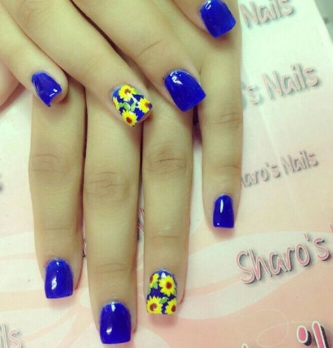 Cobalt Blue, Sunflower Nail Art Simple Wedding Nails, Sunflower Nail, Sunflower Nail Art, Wedding Nail Art Design, Blue Sunflower, Sunflower Nails, Her Nails, Nail Art Wedding, Yellow Nails