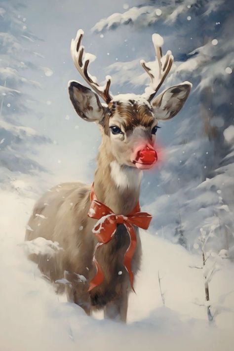 Reindeer Paintings, Rudolph Painting, Christmas Art Vintage, Reindeer Painting, Xmas Wall Art, Reindeer Drawing, Santa Paintings, Rudolph Reindeer, Red Nose Reindeer