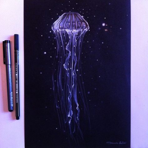 •Beautiful Drawings On Black Paper• #Various #Musely #Tip Drawings On Black Paper, Creativity Drawing, Jellyfish Painting, Jellyfish Drawing, Black Paper Drawing, Jellyfish Art, Paper Diy, Paper Drawing, Color Pencil Drawing