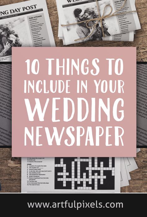 10 unique and fun ways to make your wedding newspaper program more memorable for your guests! Includes ideas of what to write about and lots of inspiration. #brunchwedding #weddingnewspaper #customnewspaper #luxurywedding #weddingprograms #stationerydesigner #dayofstationery #uniquewedding #receptionideas #newspaperprogram #funwedding #weddinginspo Wedding Program Newspaper Template, Newspaper Wedding Programs Diy, Wedding Welcome Bag Newspaper, Custom Newspaper Wedding, Wedding Newspaper Ideas Unique, Wedding Day Newspaper Cute Ideas, Newspaper Themed Wedding, Wedding Newspaper Ideas Ceremony Programs, Fun Wedding Program Ideas