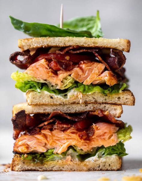 Salmon Club Sandwich with Charred Scallion Mayo Salmon Sandwich Ideas, Salmon Club Sandwich, Salmon Sandwich Recipes, Seafood Sandwich, Recipes For Lent, Salmon Sandwiches, Seafood Sandwiches, Salmon Sandwich, 7 Seas