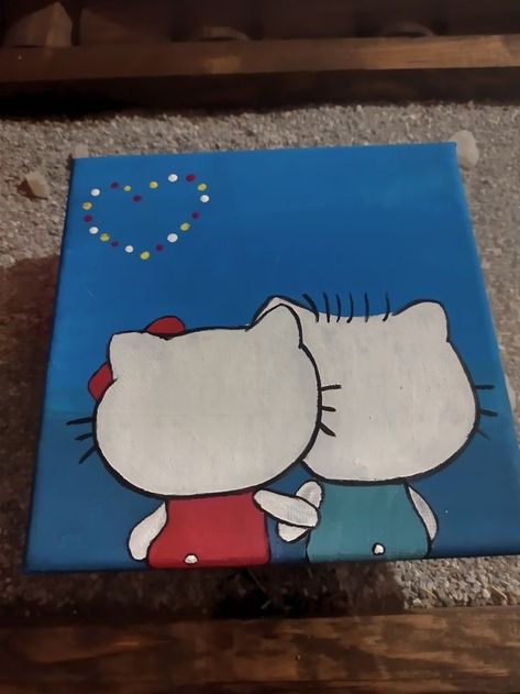 Hello Kitty Drawing Canvas, Canvas Art Ideas Cartoon, Mini Canvas Art Hello Kitty, Hello Kitty And Daniel Drawing, Hello Kitty Painting Canvases Easy, Cute Hello Kitty Painting, Couple Painting Ideas Cartoon Easy, Hello Kitty Art Painting, Sanrio Painting Canvas