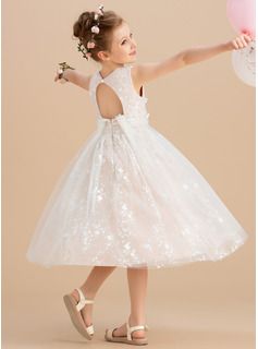 A-Line Tea-length Flower Girl Dress - Tulle/Lace Sleeveless Scoop Neck With Beading/Flower(s) (010172358) - JJ's House Tea Length Flower Girl Dress, Sleeveless Flower Girl Dresses, Tea Length Tulle, Girls Ball Gown, Cheap Flower Girl Dresses, Girls Tulle Dress, Gown Princess, Girls Dresses Online, Ball Gowns Princess