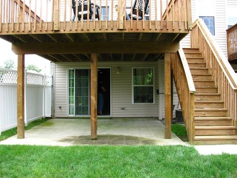 Garden Basement Ideas, Concrete Patio Under Deck Ideas, Under Deck Patio Ideas Walkout Basement, Walkout Basement Patio Ideas Under Decks, Walkout Basement Patio, Basement Patio, Patio Under Decks, Second Floor Deck, Deck Building Plans