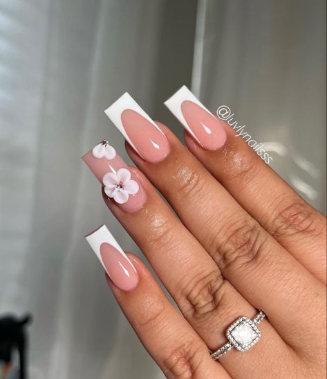 Quinceanera Nails, 3d Flower Nails, Colored Acrylic Nails, Girly Acrylic Nails, French Tip Acrylic Nails, Simple Acrylic Nails, Short Square Acrylic Nails, Unique Acrylic Nails, Long Square Acrylic Nails