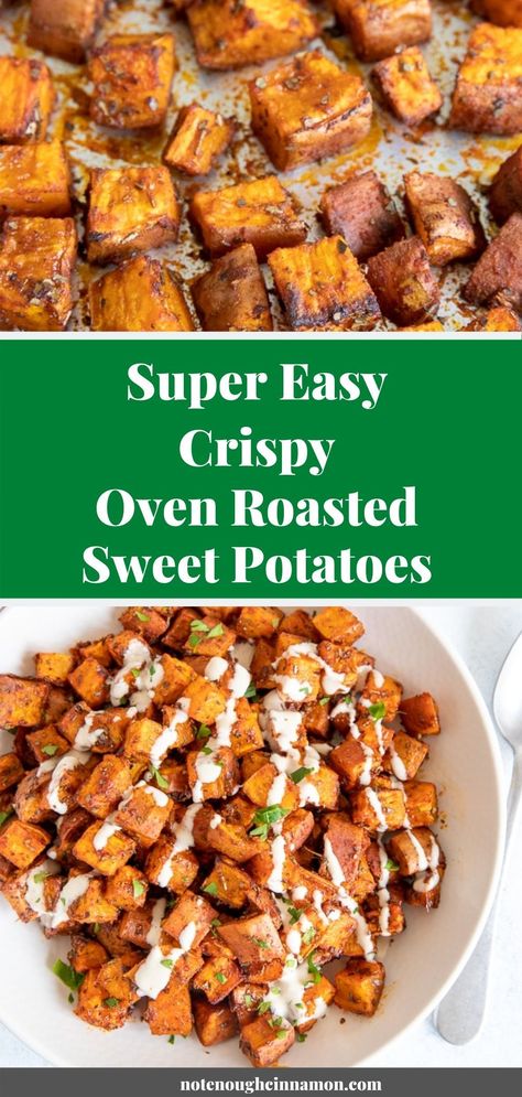 Seasoning Sweet Potatoes, Roasted Sweet Potatoes Oven Healthy, Easy Roasted Sweet Potato Recipes, Seasoned Sweet Potatoes, Crispy Sweet Potatoes In Oven, Clean Sides Dishes, Crispy Sweet Potato Recipes, Oven Roasted Sweet Potatoes Crispy, Easy Roasted Sweet Potatoes