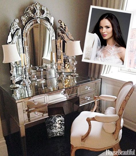 "My vanity is a serene space where I can just sit down for a minute and take a deep, deep breath. I love the idea of a mirrored vanity. I wanted something that would be reflective and light against my de Gournay wallpaper. It's also quite good to have all that reflective light when you're doing your makeup." - HouseBeautiful.com Preppy House, Mirrored Vanity, Georgina Chapman, Bedroom Nook, Dressing Table Vanity, Glam Room, Vanity Decor, Makeup Room, Mirrored Furniture