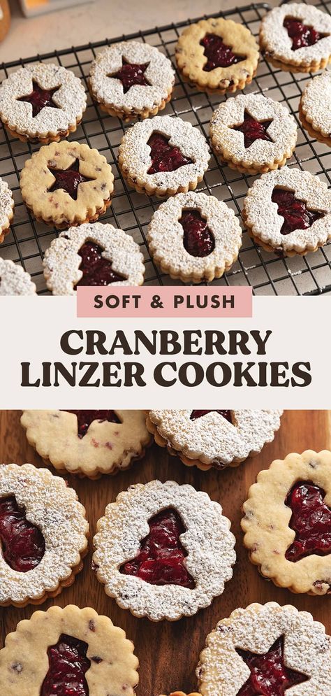 These cranberry linzer are made with cut-out almond cookies flecked with dried cranberries with homemade cranberry jam sandwiched in the middle. They're tart, fruity, and get softer the next day for the perfect texture! Chocolate Linzer Cookies Recipe, Cranberry Linzer Cookies, Fresh Cranberry Cookies Recipes, Cranberry Cookies Recipes, Linzer Cookies Recipe, Christmas Cookie Box, Cranberry Jam, Thyme Recipes, Linzer Cookies